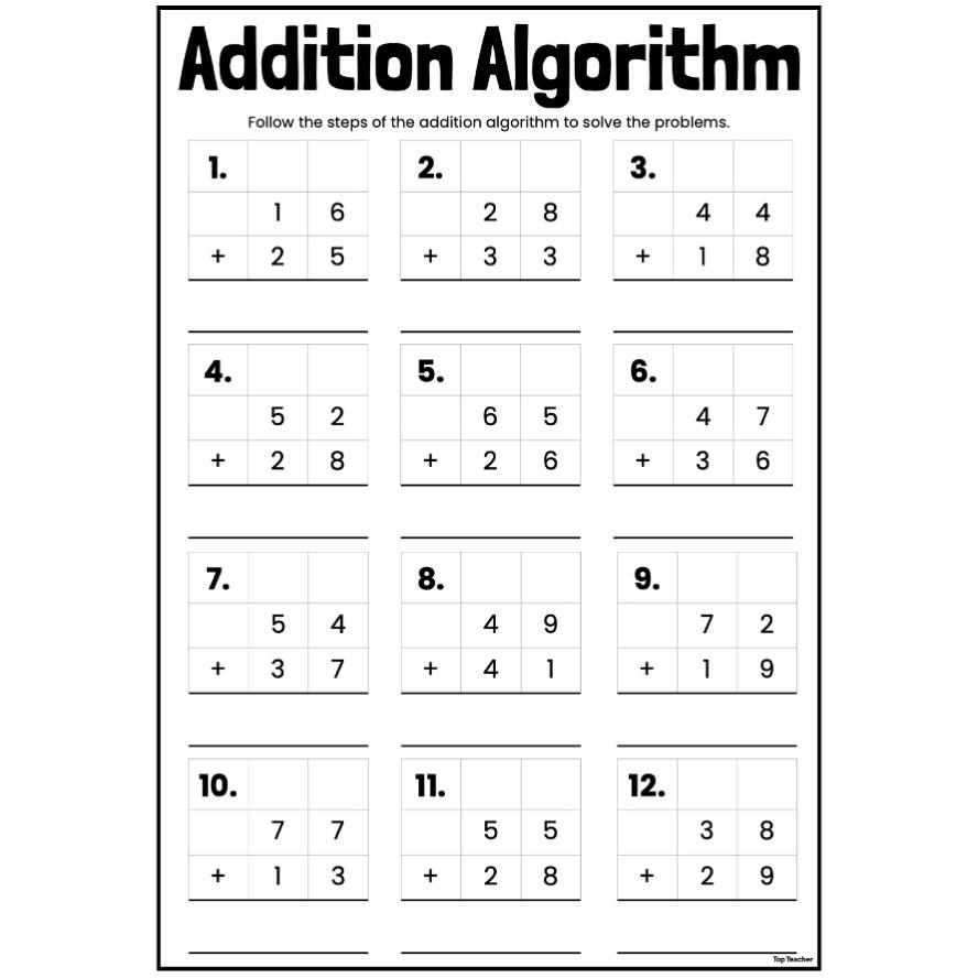 Addition algorithm worksheets top teacher