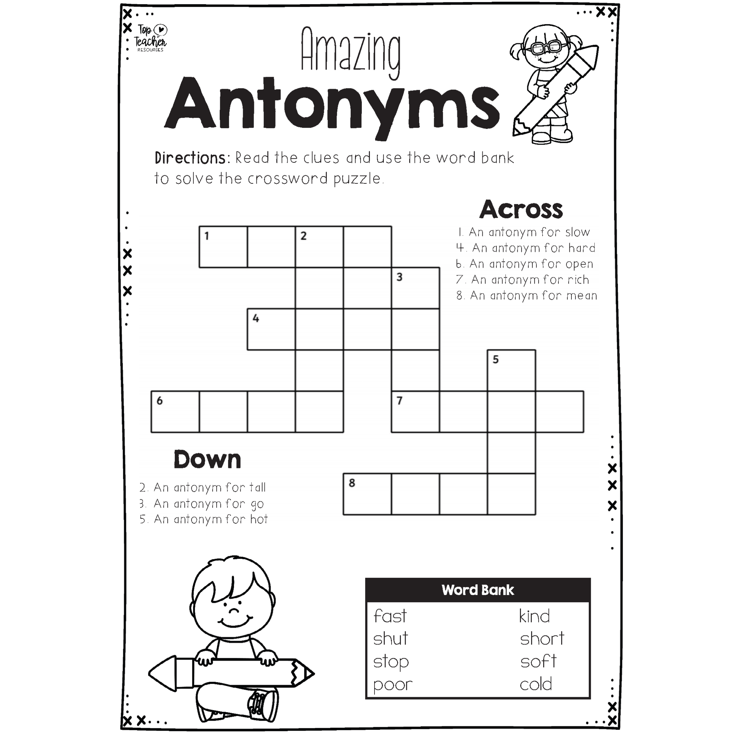 Antonyms Crossword Puzzles (6 Puzzles With and Without Word Bank)