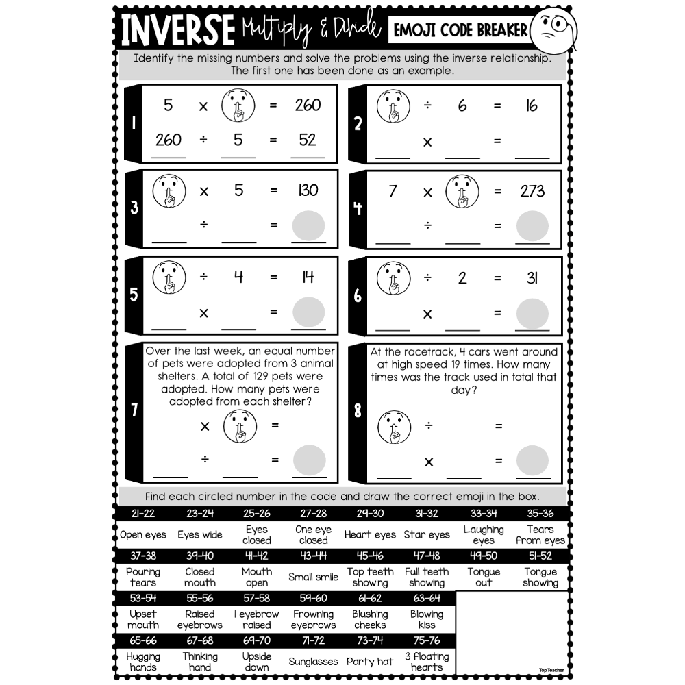 Inverse Two-Digit by One-Digit Multiplication Emoji Code Breaker Worksheets Top Teacher