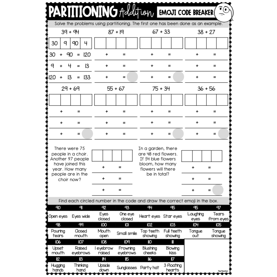 Partitioning Two-Digit Addition Emoji Code Breaker Worksheets Top Teacher