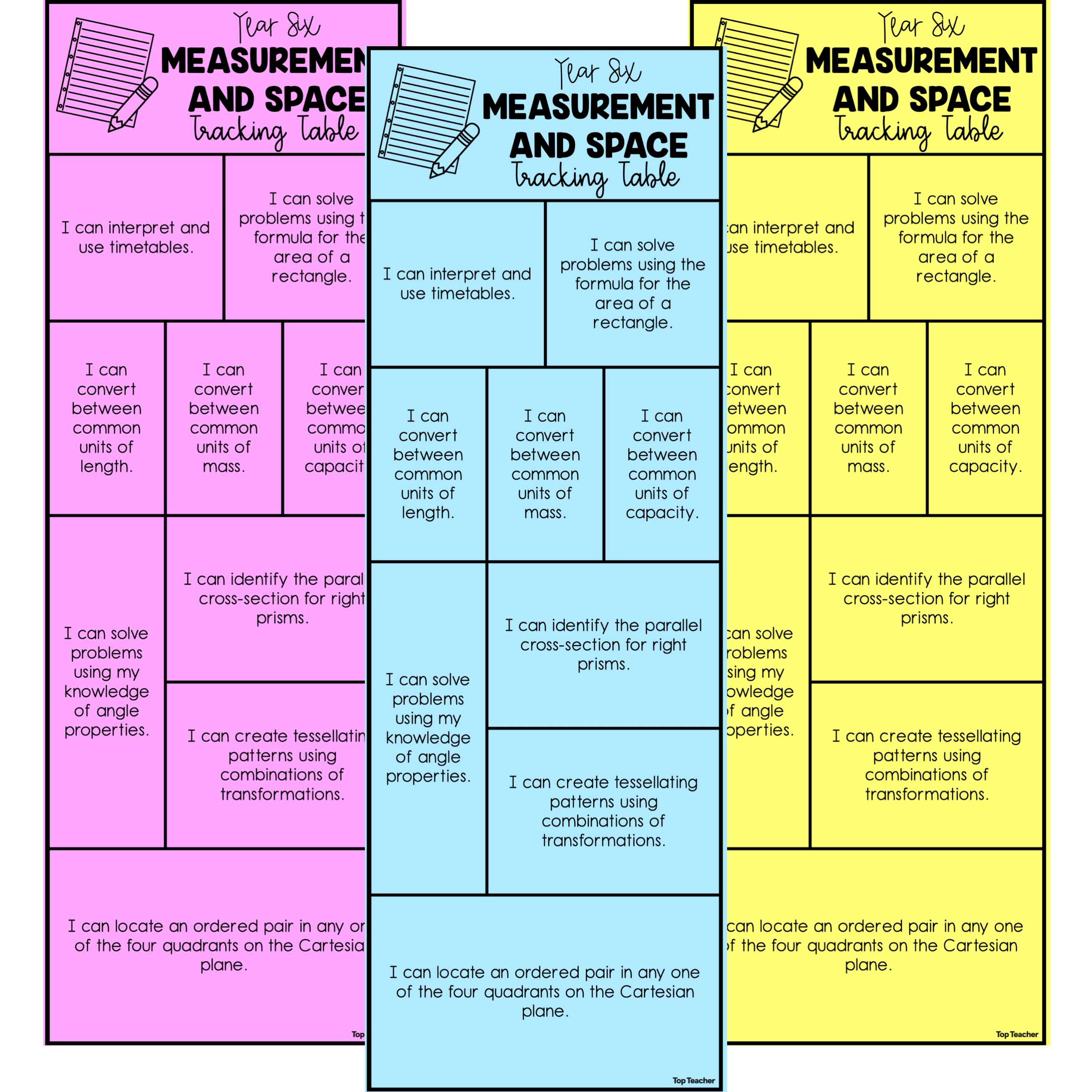 Measurement & Space Strands Tracking Table Year 6 top teacher