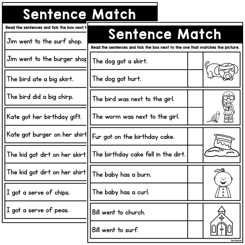 Decodable Sentence Match Worksheet /er/ Top Teacher