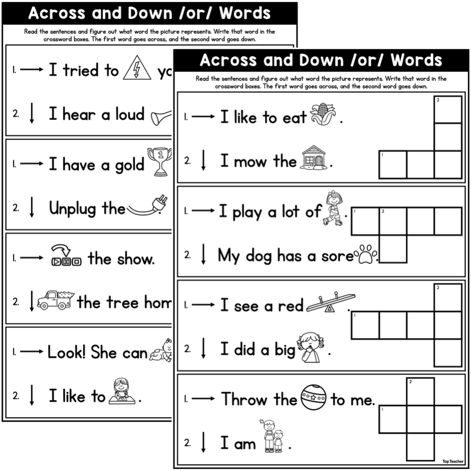 Across & Down Words Worksheet: /or/ – Top Teacher