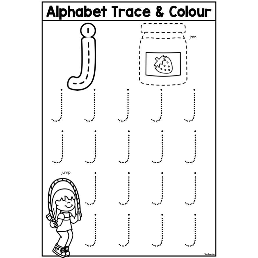 Alphabet Trace & Colour Worksheet - Letter j Top Teacher