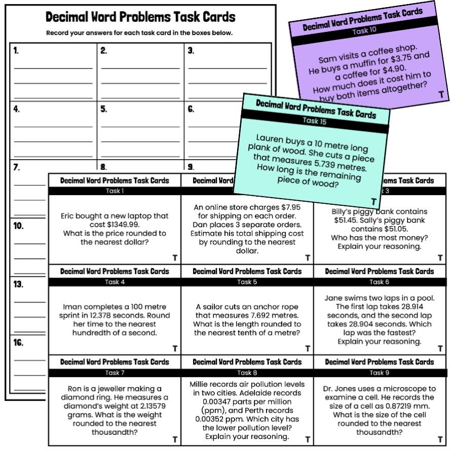 Decimal Word Problems Task Cards top teacher