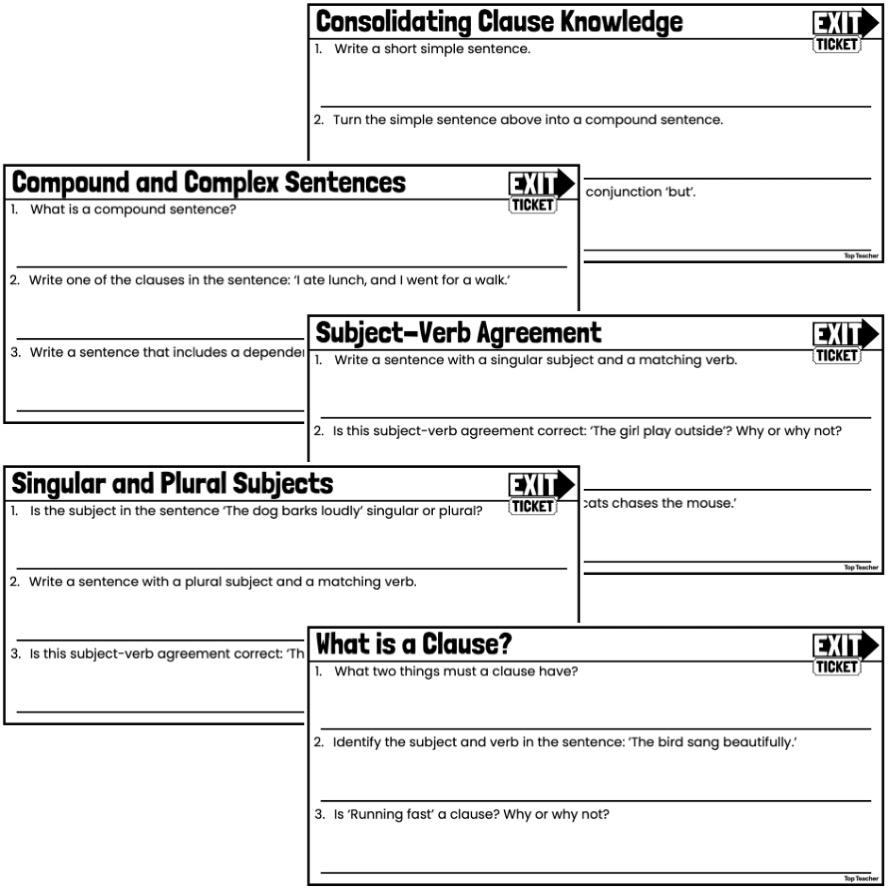 Exploring Clauses - Subjects, Verbs and Agreement Exit Tickets PACKAGE