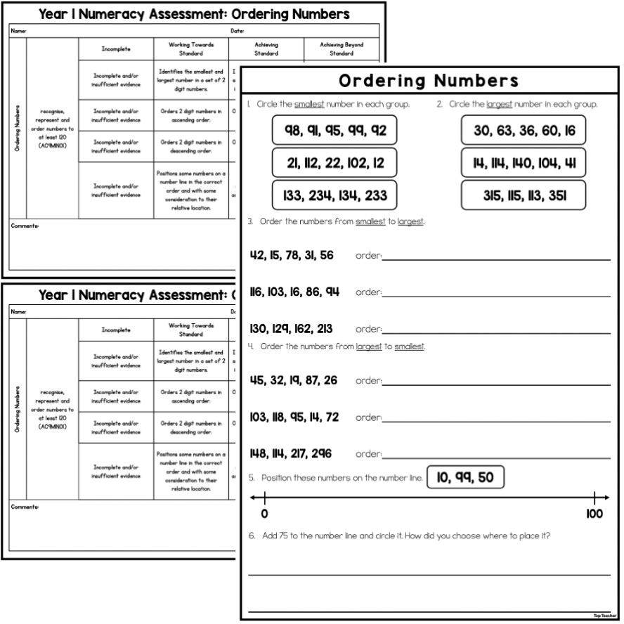 Year 1 Ordering Numbers Assessment TT