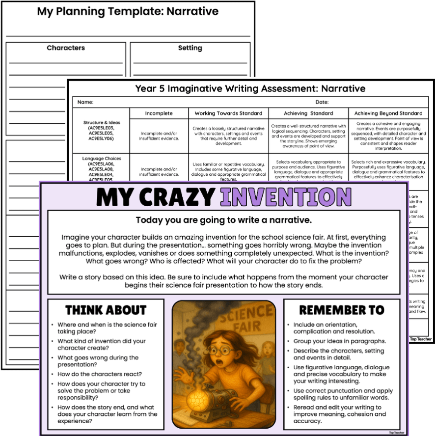 Year 5 Imaginative Writing Assessment - My Crazy Invention Narrative Top Teacher