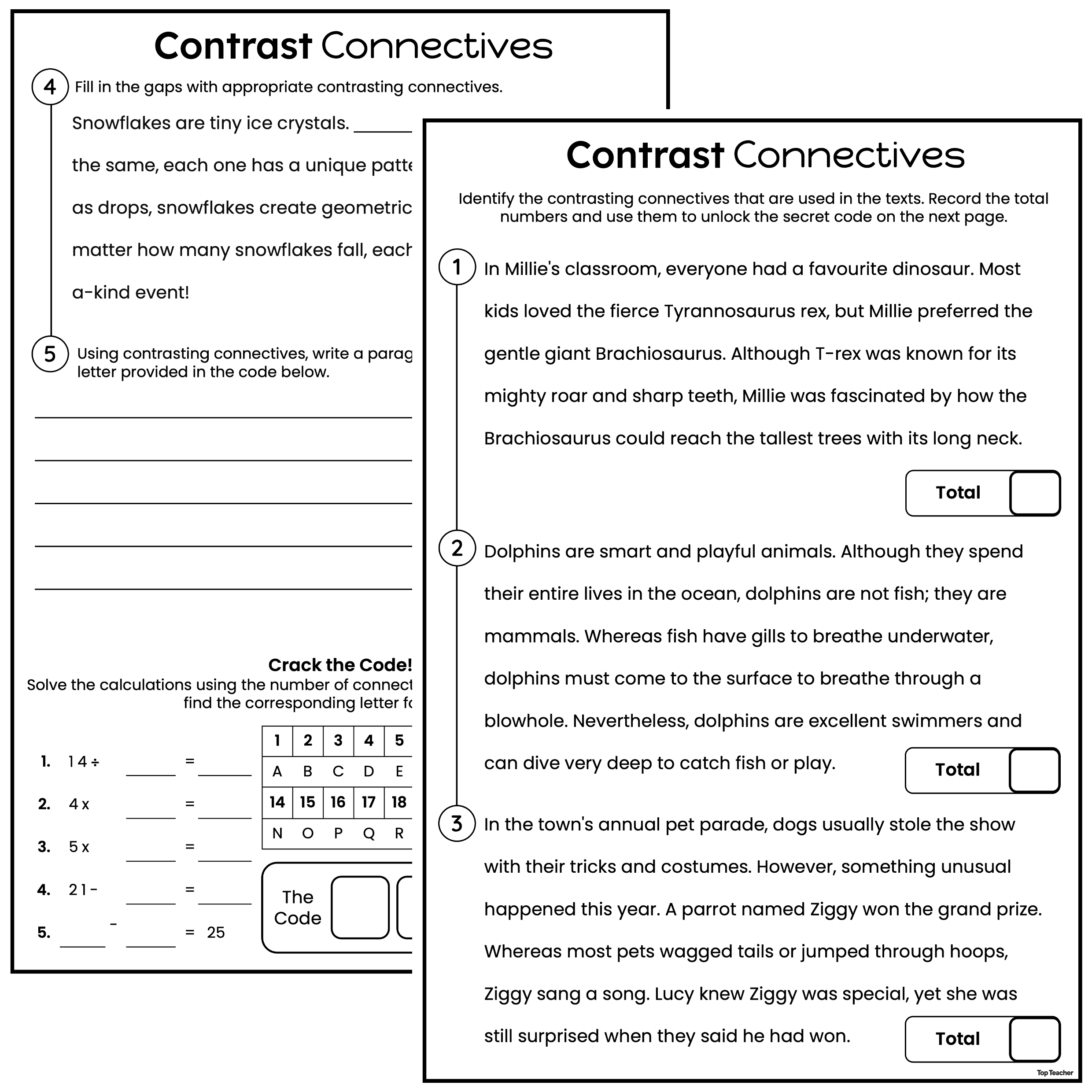 Contrast Connectives Code Breaker Worksheets