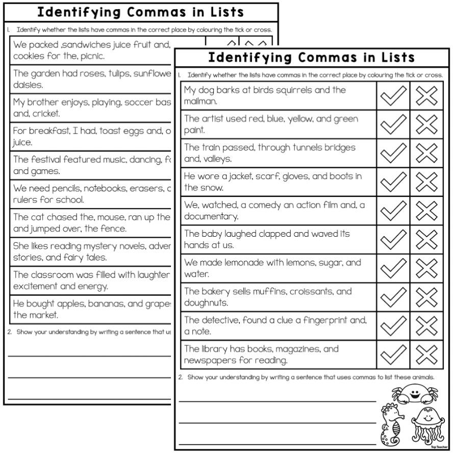 Identifying Commas in Lists Worksheets Top Teacher