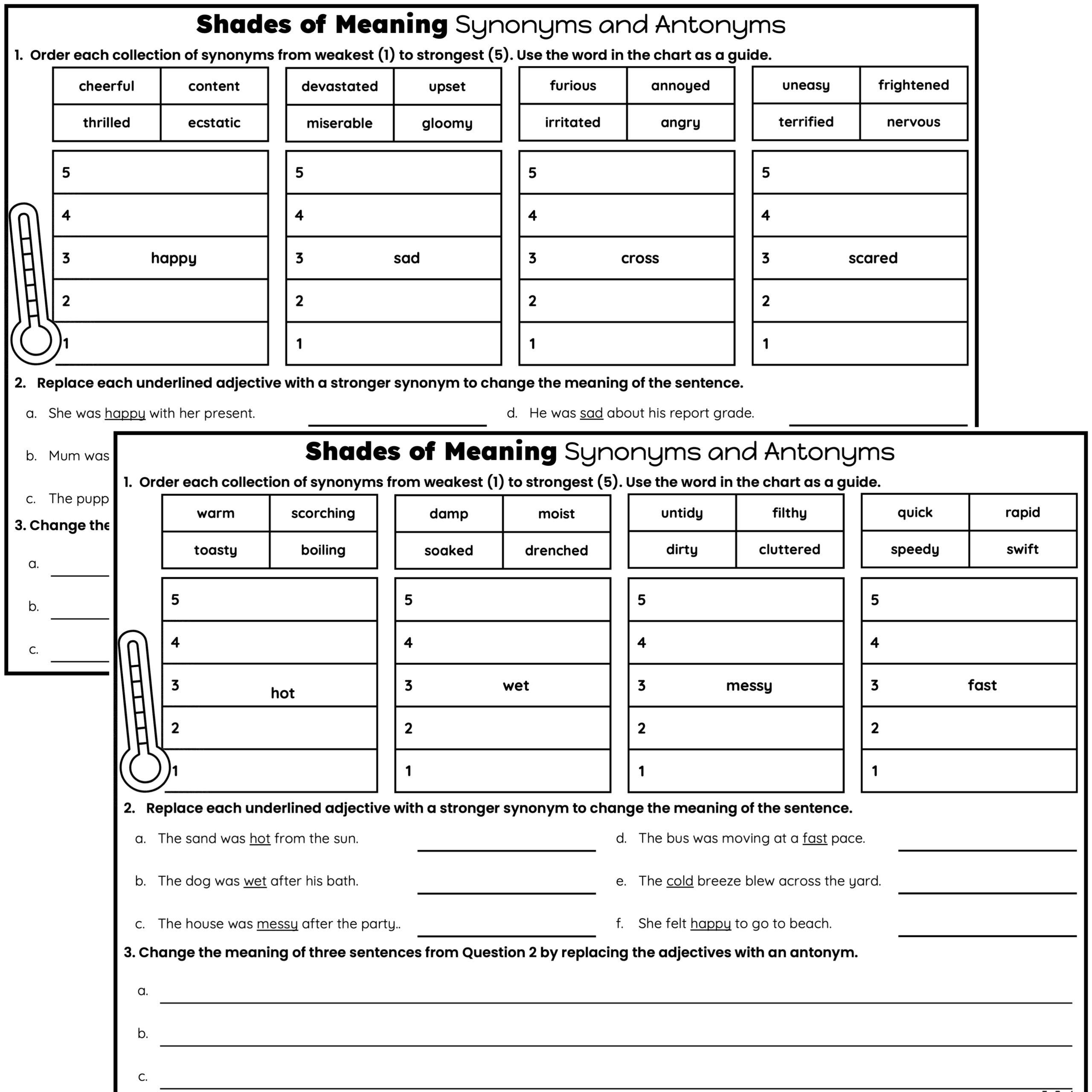 Shades of Meaning Synyonyms and Antonyms Worksheet Top Teacher