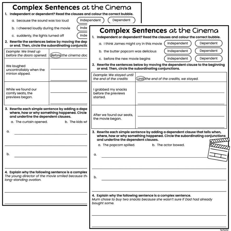 Complex Sentences at the Cinema Worksheets Top Teacher